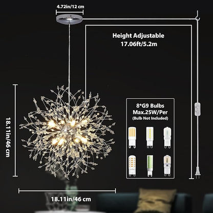 Plug in Crystal Chandelier, Modern Plug in Pendant Light Hanging Light Fixture 2-in-1 Chrome Pendant Light Dandelion Chandeliers for Dining Room Bedroom Kitchen Foyer Entryway Living Room