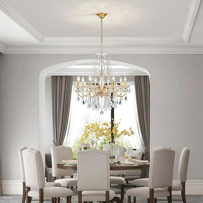 Gold Crystal Chandelier, 8-Light Crystal Chandeliers for Dining Room Light Fixture, Crystal Pendant Ceiling Light Modern Gold Lighting Fixture for Living Room Hallway Foyer Bedroom Kitchen Bathroom