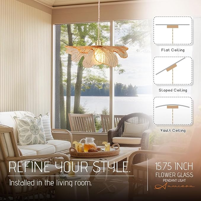 Modern Gold Brass Pendant Lights Kitchen Island, 15.74" Large Glass Pendant Light Mid Century Ceiling Hanging Lighting with Amber Hand Blown Glass Shade for Bedroom Dining Room