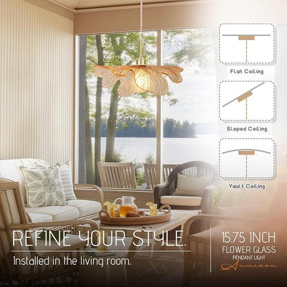 Modern Gold Brass Pendant Lights Kitchen Island, 15.74" Large Glass Pendant Light Mid Century Ceiling Hanging Lighting with Amber Hand Blown Glass Shade for Bedroom Dining Room