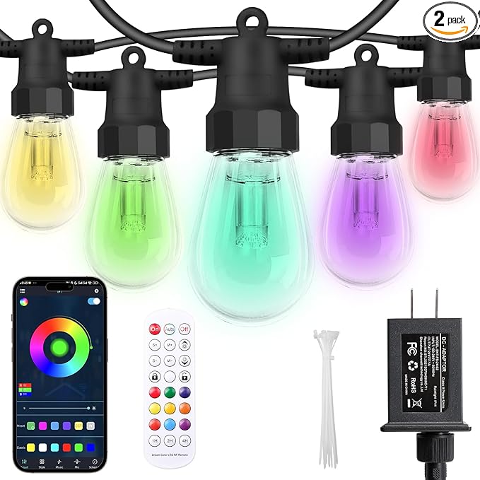 CAWWS Outdoor String Lights 100FT (2×50FT), Patio Lights with 40 Dimmable RGBW LED Bulbs, IP66 Waterproof & Shatterproof, APP & Remote Control, 24V Adapter, Color Changing Lights for Backyard Décor