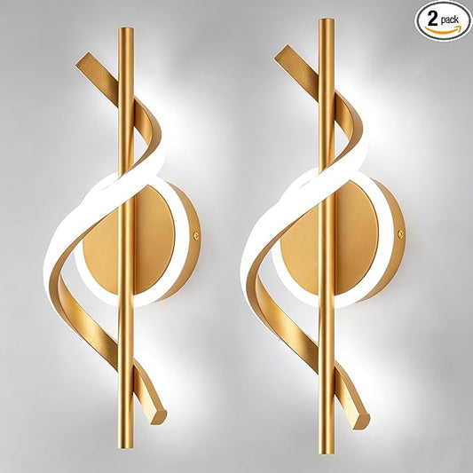EIDISUNY 2 Pack LED Wall Sconces Indoor, 12W LED Wall Mount Lights, Modern Spiral Wall Lamp, 6000K Cold Light Fixture for Stairs, Living Room, Bedroom, Aisle, Hallway (Cold White, Gold)