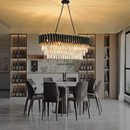 Modern Crystal Chandeliers for Dining Room Black and Gold Chandelier Living Room 8-Light Pendant Light Fixture Oval Contemporary Ceiling Hanging Light for Kitchen Island Bar L32 inch