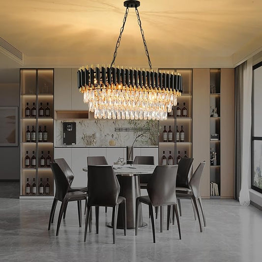 Modern Crystal Chandeliers for Dining Room Black and Gold Chandelier Living Room 8-Light Pendant Light Fixture Oval Contemporary Ceiling Hanging Light for Kitchen Island Bar L32 inch