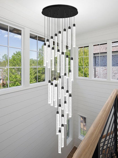 177‘’ Long Crystal Column Chandelier 30-Light Extra Large Black Staircase Chandelier High Ceiling Dimmable Led Ceiling Lighting Foyer Entryway Light Source is Replaceable