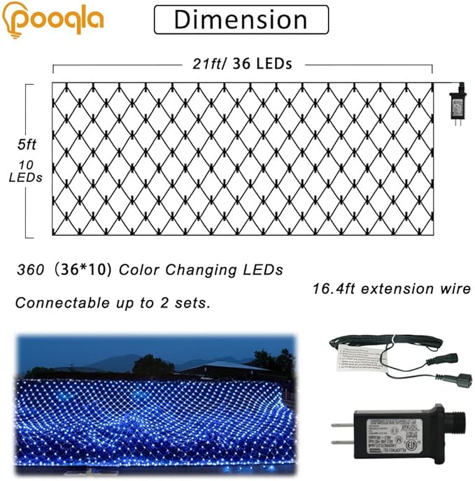 Blue Net Lights, 360 LED Christmas Net Lights Outdoor, 21ft x 5ft Large Net Mesh String Lights, 8 Modes Twinkle String Lights Connectable Plug in for Bushes Christmas Hedge Yard Garden Party Decor