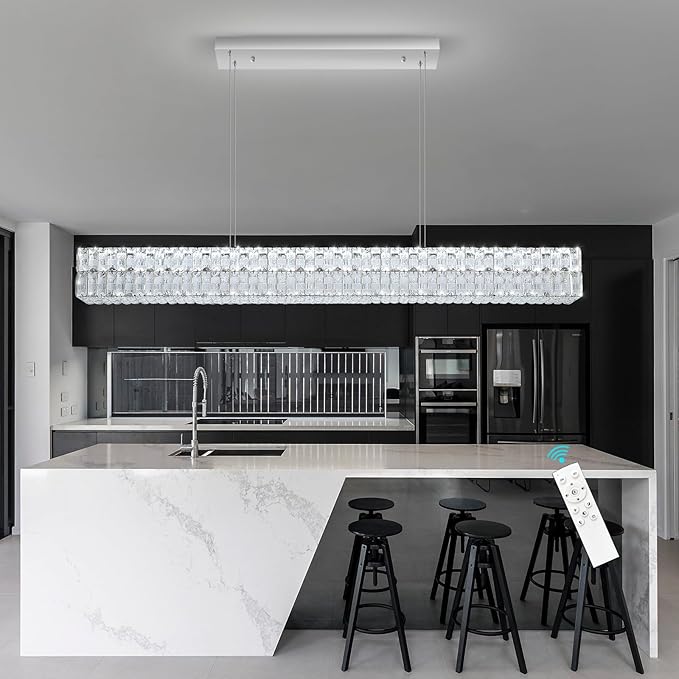Rectangular Crystal Chandelier Glam Dimmable LED Crystal Chandeliers for Dining Room Linear Pendant Light with Remote Control for Kitchen Island Silver