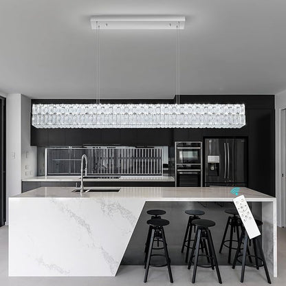 Rectangular Crystal Chandelier Glam Dimmable LED Crystal Chandeliers for Dining Room Linear Pendant Light with Remote Control for Kitchen Island Silver