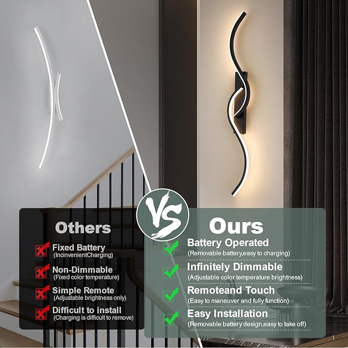 Rechargeable Wall Sconces, Battery Operated LED Wall Lamp, Wireless Wall Sconce 3000K-6500K Dimmable, Cordless Not Hardwired Modern Wall Lighting for Bedroom Living Room Hallway, 39.37 inch