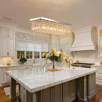 Siljoy 8 Lights Modern Crystal Chandeliers, Rectangular K9 Crystal Raindrop Chandelier, Rectangle Pendant Ceiling Light for Dining Room Kitchen Island, Adjustable Hanging Height, L40 x W10 x H10