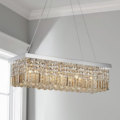 Saint Mossi 5-Lights Modern K9 Crystal Chandelier, Crystal Pendant Light Fixture, H9 x W10 x L31, Chain Adjustable Max 59“, Champagne Crystal & Chrome Finish