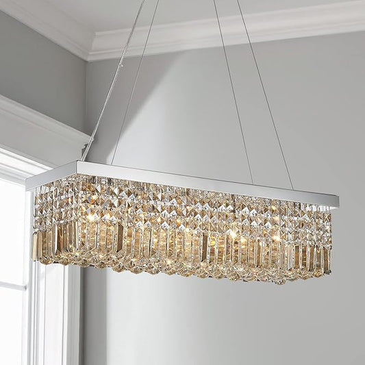 Saint Mossi 5-Lights Modern K9 Crystal Chandelier, Crystal Pendant Light Fixture, H9 x W10 x L31, Chain Adjustable Max 59“, Champagne Crystal & Chrome Finish