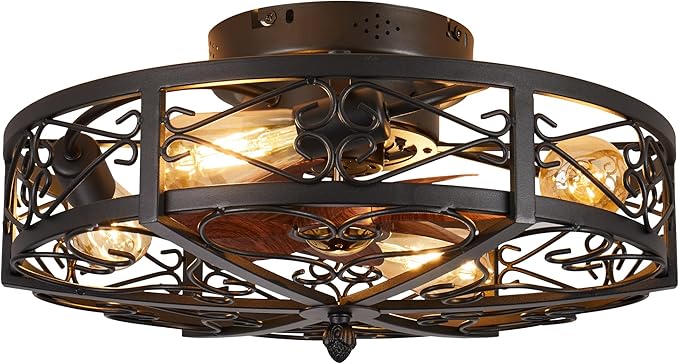 Rustic Black Caged Flush Mount Ceiling Fans with Lights and Remote Vintage Low Profile Bladeless Ceiling Fan, Reversible Motor, E26 Bulbs, 6 Speeds,for Farmhouse, Living Room, and Bedroom