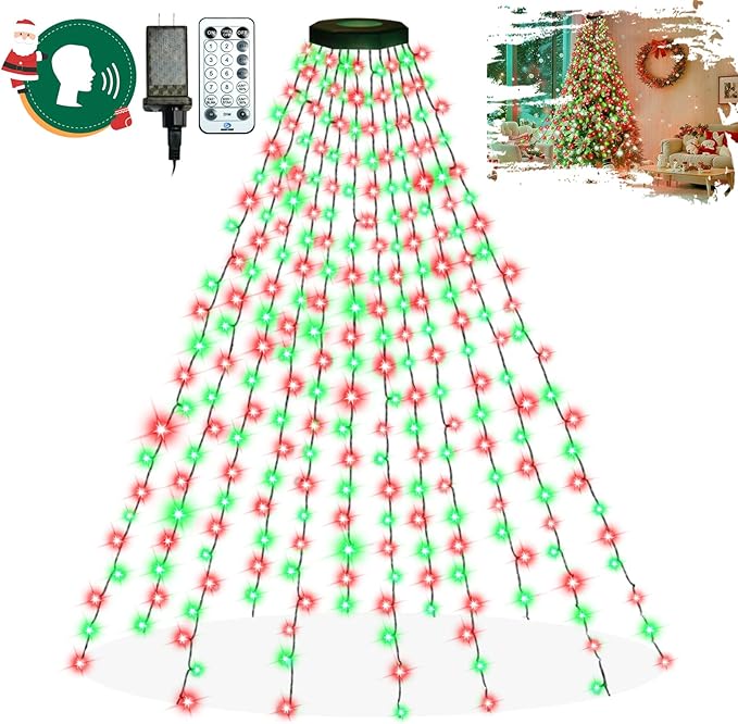 2025 New Christmas Tree Lights Indoor with Voice Control & Remote | 448LED Waterfall Tree Topper Lights with 12 Modes & Timer, 7FT x 16 Lines Cascading Twinkle Lights for 7FT Xmas Decor(Red Green)