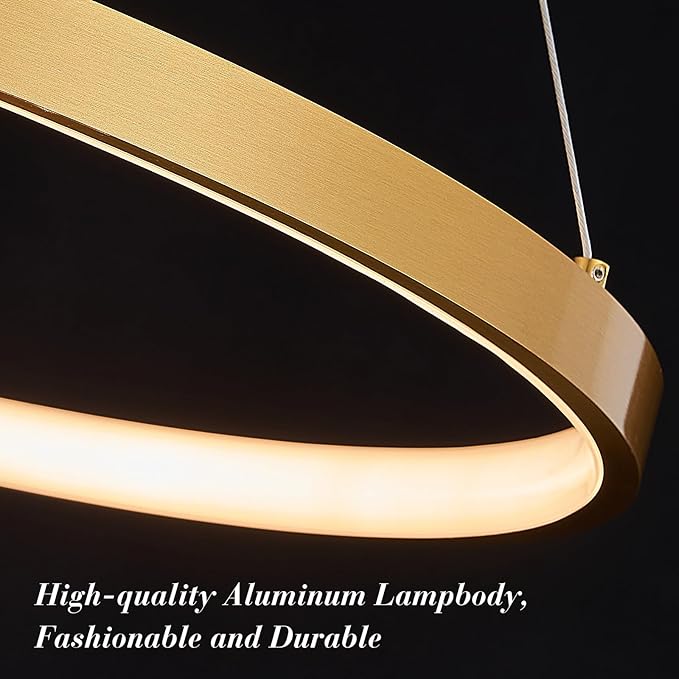 Gold LED Ring Chandeliers Modern 2-Ring Chandelier Dimmable Flush Mount Pendant Light Fixture Remote Control Contemporary Pendant Chandelier for Dining Room Bedroom Foyer (23.6"+11.8")