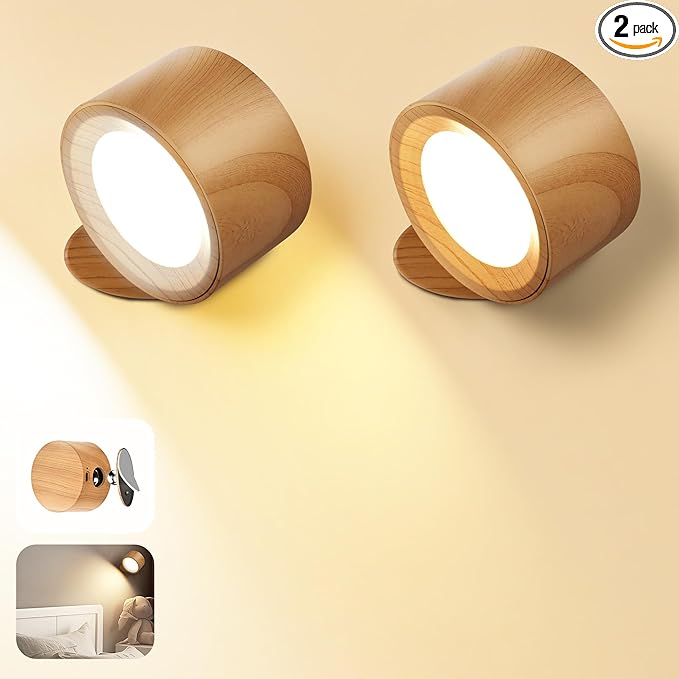 Wall Mounted Lamp LED Wall Lights with Rechargeable Battery Operated, 3 Color Temperatures & 3 Brightness Levels 360°Rotate Magnetic Ball, Cordless Sconces for Reading Bedroom Bedside,Wood-2 Pack