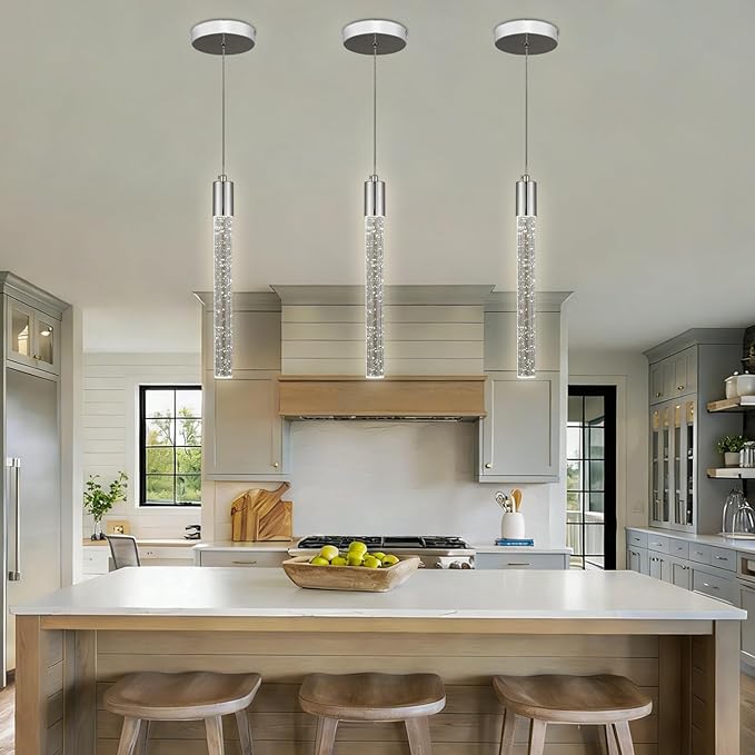 Bubble Crystal Pendant Light, 1-Light Modern Mini Chandelier with Integrated LED, Adjustable Hanging Crystal Rod Chandelier for Kitchen Island Dining Room Entryway