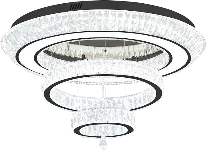 Modern 3 Ring Chandelier for Living Room Luxury 3-Tier Crystal Chandelier Dining 40in Black LED Dimmable Crystal Raindrop Chandeliers Lighting