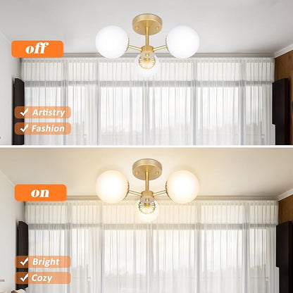 3 Lights Gold Chandelier Mid Century Modern Light Fixture, Gold Semi Flush Mount Ceiling Light with Frosted Globe Glass for Living Room, Bedroom, Nursery Room & Office Ceiling Light (Bulbs Included)