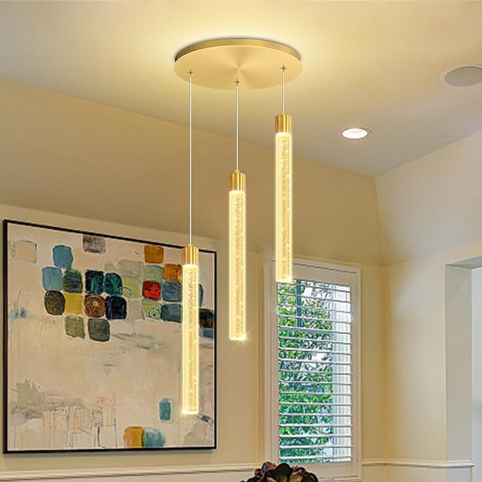 Led Crystal Column Chandelier for Dining Room 3-Light Gold LED Pendant Light for Kitchen Island Foyer Entryway Dimmable Hanging Pendant Lighting 2700K-6000K