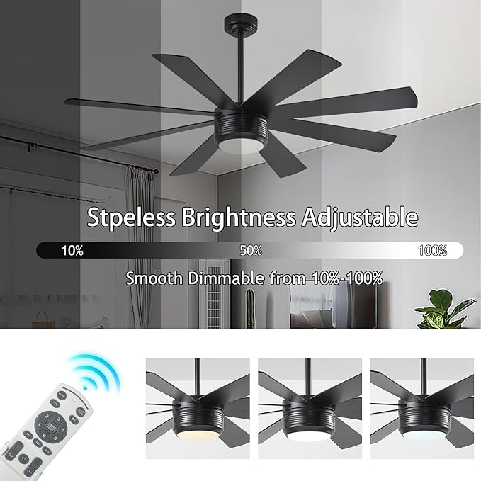SHOWDI Ceiling Fan with Lights and Remote Control, 8 Blade App Commercial Industrial Ceiling Fan with Lights Reversible Stepless Brightness and Color Temperature (Black, 60 Inch)