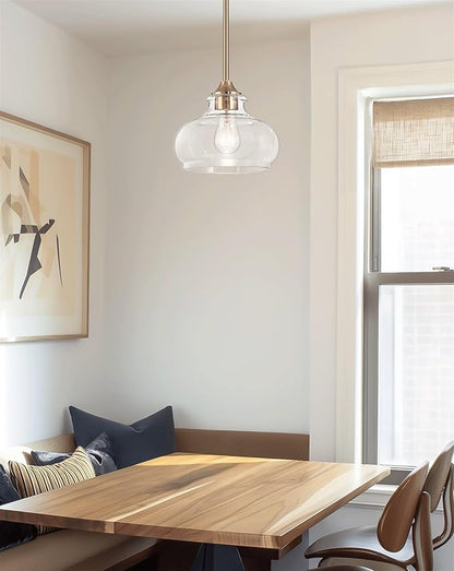 Kira Home Harlow 9" Modern Schoolhouse Pendant Light with Clear Glass Shade, Industrial Farmhouse Gold Hanging Light with Schoolhouse Glass, Cool Brass Finish