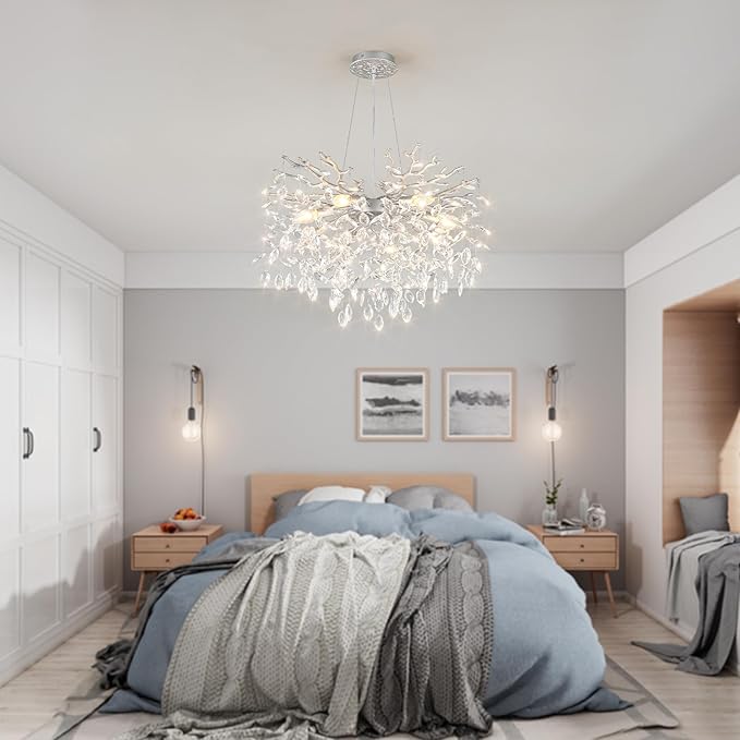 EGM 24-Inch Modern Crystal Chandeliers for Living Room, Silver Crystal Chandeliers for Dining Room, 8-Light Modern Raindrop Leaf Chandelier for Bedroom, Babyroom, E12
