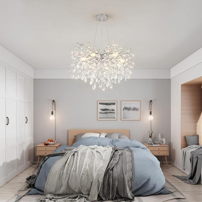 EGM 24-Inch Modern Crystal Chandeliers for Living Room, Silver Crystal Chandeliers for Dining Room, 8-Light Modern Raindrop Leaf Chandelier for Bedroom, Babyroom, E12