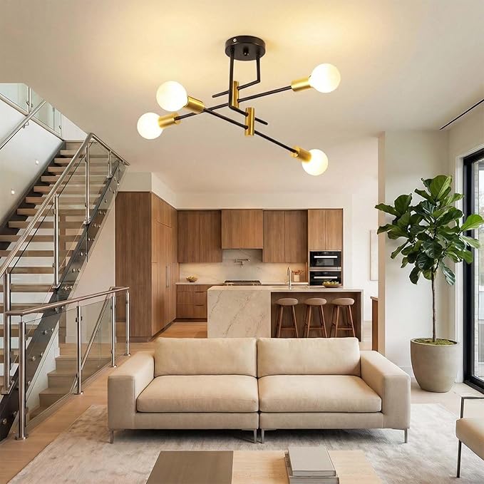Modern Sputnik Chandelier 4-Light Adjustable Ceiling Light Fixture Semi Flush Mount Ceiling Lamp with E26 Base Industrial Ceiling Light for Dining Room Bedroom Living Room Black and Gold