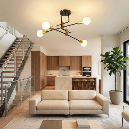 Modern Sputnik Chandelier 4-Light Adjustable Ceiling Light Fixture Semi Flush Mount Ceiling Lamp with E26 Base Industrial Ceiling Light for Dining Room Bedroom Living Room Black and Gold