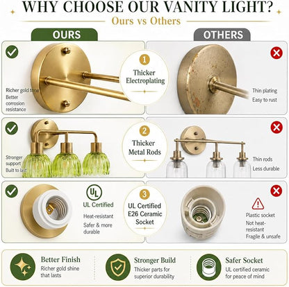 4-Light Gold Brass Bathroom Light Fixture,Wall Sconces,Brushed Gold Vanlity Light Over Mirror,Bathroom Vanity Light with Green Glass Flower Shade,E26 Socket(Bulbs Not Included)