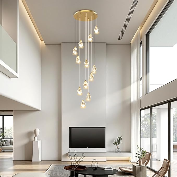 Crystal LED High Ceiling Chandelier: Long Remote Dimmable 12 Gold Pendant Light Fixture - Spiral Drop Flush Mount Sloped Ceilings Modern Chandeliers For Entryway Living Room Foyer Staircase Entrance