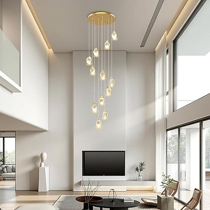 Crystal LED High Ceiling Chandelier: Long Remote Dimmable 12 Gold Pendant Light Fixture - Spiral Drop Flush Mount Sloped Ceilings Modern Chandeliers For Entryway Living Room Foyer Staircase Entrance