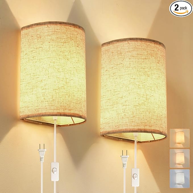 Plug in Wall Sconce, 3 Colors Wall Sconces Set of Two, Industrial Plug in Wall Light, Wall Sconce Lighting On/Off Switch Vintage Wall Lamp for Bedroom Living Room Hallway Porch