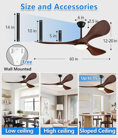 60 in Ceiling Fan of 7400+CFM High Airflow with Light & Mute Remote Control,Outdoor/Indoor Ceiling Fan with 3 Blades Noiseless Reversible DC Motor 6 Speeds with 3 CCT and Timer for Living Room Patios