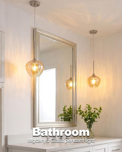 Amber Pendant Lights Kitchen Island, 7" Modern Glass Adjustable Pendant Lighting Brushed Nickel Hanging Light Fixtures for Kitchen, Dining Room, Sink, Bathroom