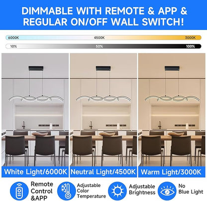 ORANOOR Modern LED Pendant Lights, Dimmable 39in Linear Wave LED Chandelier Lighting, Black Dining Room Hanging Light Fixtures Kitchen Island Linear Pendant Light for Dining Table (4200lm,Upgraded)