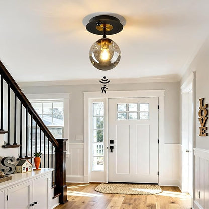 Motion Sensor Light Indoor 1-Light Mini Glass Globe Ceiling Light Fixture Modern Black Semi Flush Mount Light for Hallway Entryway Porch Stairway Closet
