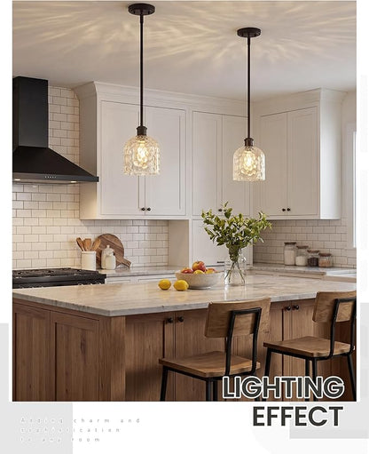 zeyu Large Kitchen Pendant Lightings, Hanging Ceiling Lights Fixtures Kitchen 2 Pack, Adjustable Hanging Lights with Clear Hammered Glass, Oil Rubbed Bronze Finish, ZJF63MIL-L-2PK ORB