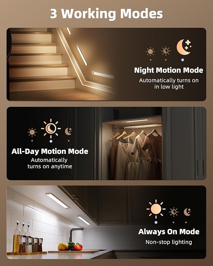 EZVALO 16.5-inch Under Cabinet Lighting, 4000mAh Rechargeable Motion Sensor Light Indoor, Magnetic Closet Lights, with Dimmable & 3 Color Temps, Wireless Under Counter Lights for Kitchen (4-Pack)