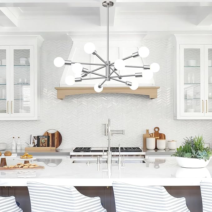 33" Modern Chandelier Ceiling Light Fixture, 12-Light Sputnik Chandeliers Brushed Nickel Mid Century Chandelier Over Table, Height Adjustable Chandeliers for Dining Room Living (Bulbs Not Included)