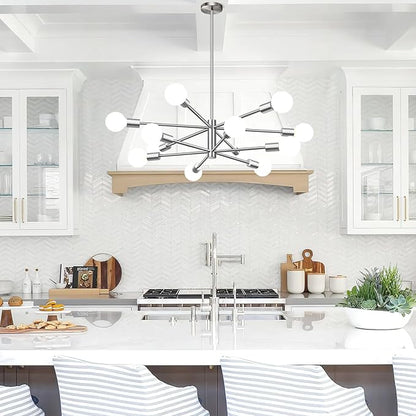 33" Modern Chandelier Ceiling Light Fixture, 12-Light Sputnik Chandeliers Brushed Nickel Mid Century Chandelier Over Table, Height Adjustable Chandeliers for Dining Room Living (Bulbs Not Included)