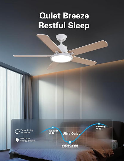 Orison Ceiling Fans with Lights, 52 inch Low Profile Ceiling Fan with RGB Backlight, Flush Mount Ceiling Fan with Remote and App Control,White Bedroom Fan, 6 Speeds, 5 Reversible Blades (White)