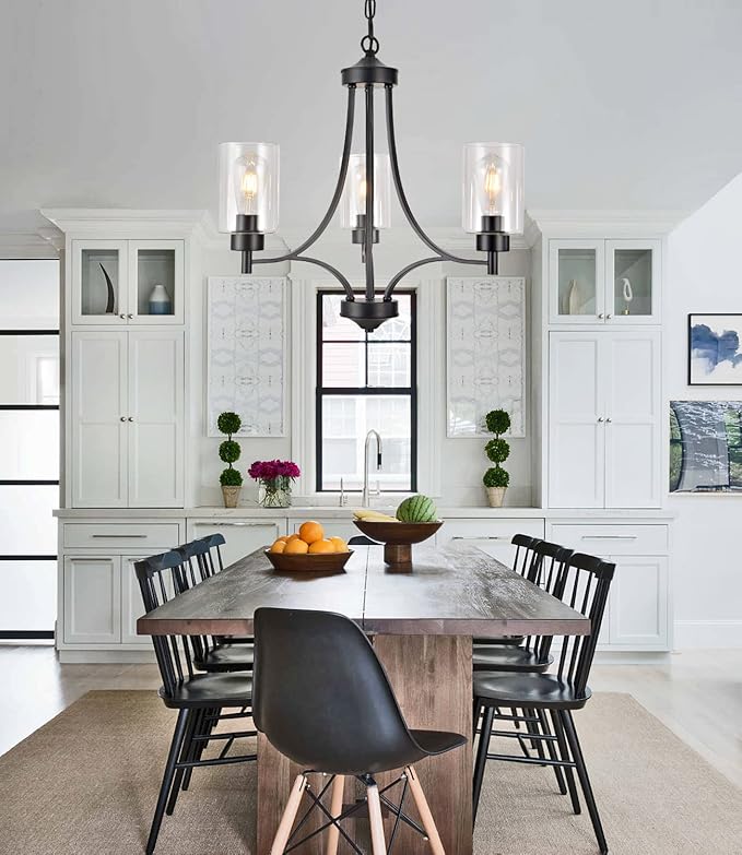 BOZO 3 Lights Black Chandelier for Dining Room Light Fixture Over Table, Entryway Chandelier for Foyer, Hallway Lighting Fixtures with Glass Shade for Kitchen Island