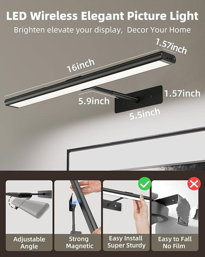 EZVALO Picture Light for Wall, 16'' Black Rechargeable 4800mAh Battery Lights Wireless Remote, Dimmable Magnetic LED Art Painting Light with 3 Color Temperatures, Display for Gallery, Living Room(2P)