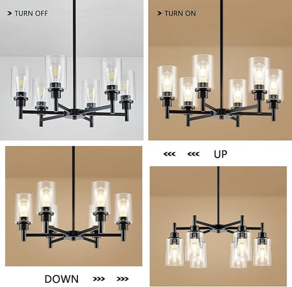 Modern Black Chandeliers for Dining Room, 6-Light Chandelier Light Fixture with Clear Glass Shades, Metal Hanging Pendant Lighting for Living Room, Kitchen, Staircase, Entryway
