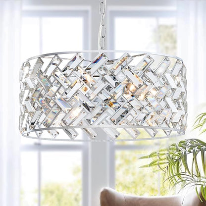 CATINER Chrome Crystal Chandeliers, Modern Semi Flush Mount Ceiling Light, 6-Light Round Crystal Hanging Pendant Light Fixtures, D18” for Dining Room Entryway Kitchen Hallway K9 Crystal