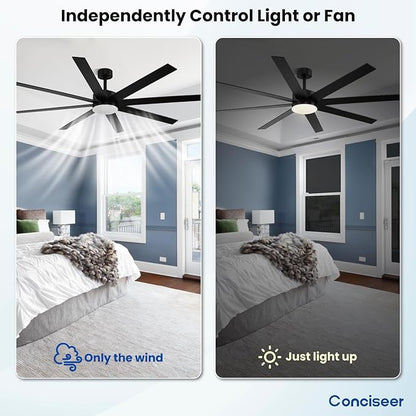 Conciseer Modern 72 Inch Ceiling Fans with Lights and Remote, Dual Color 8 Blades,Living Room Office Library Cafe Outdoor Industrial, 24W 3CCT 6 Speed Reversible Quiet DC Motor, Black/Wood Grain