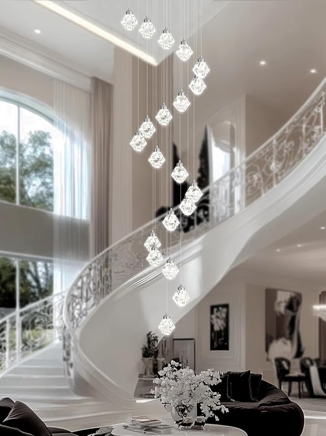 20-Light Modern Chandelier for Foyer Crystal Chandeliers for Living Room Silver Pendant Light Fixture Staircase Chandelier for High Ceilings Dimmable LED Hanging Light with Remote
