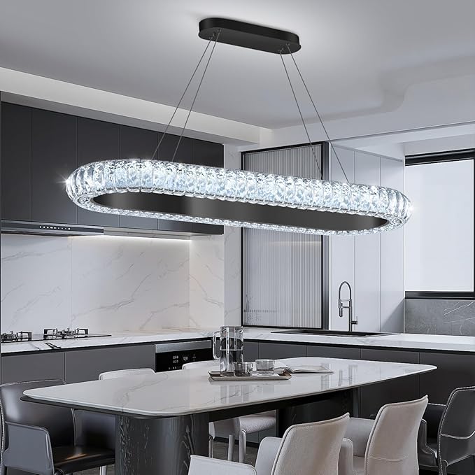 32'' Oval Ring Crystal Chandelier Modern LED Dimmable Ring Pendant Light Chandelier for Dining Room Living Room Black